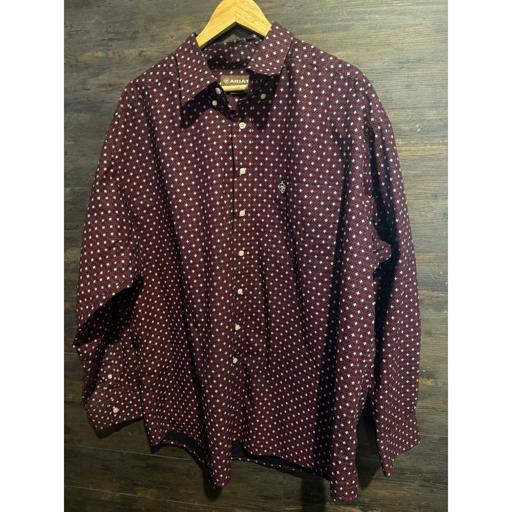 Ariat Mens XXL Long Sleeve Button Down Western Shirt Burgundy Geo Print FLAW